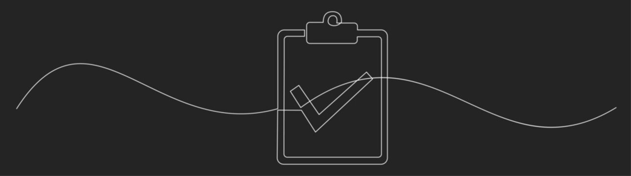 Continuous Line Drawing of Clipboard with Checkmark Symbolizing Task Completion and Success