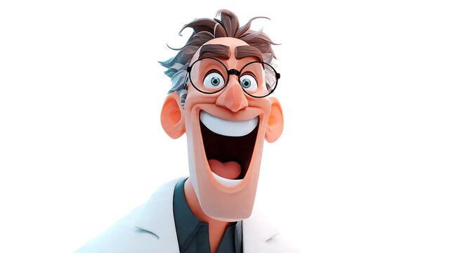 Exuberant 3D animated scientist joyfully smiling widely with open mouth and glasses, wearing a