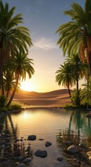 Fototapeta premium Serene Oasis Sunset - Palm Trees Reflecting in Calm Waters.