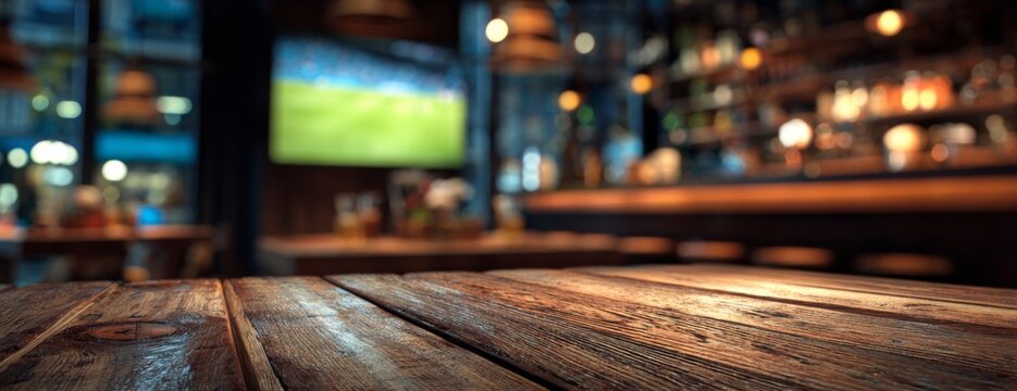 Empty wooden table in pub with sports TV on background  
