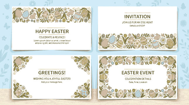 A set of Easter invitation cards with floral designs on a light blue background
