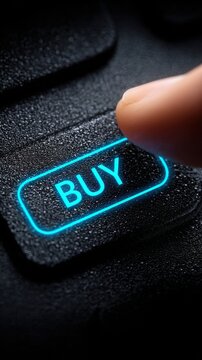 Finger pressing glowing blue 'BUY' button on dark textured surface, e-commerce concept
