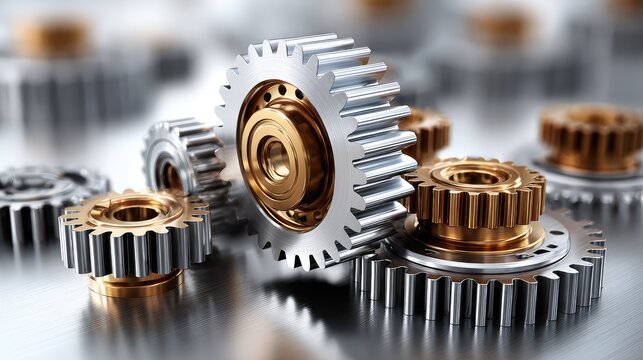 Close-Up View of Metallic Gears with a Mix of Silver and Gold Finishes Reflecting Light on a Smooth Surface in an Industrial Background Setting