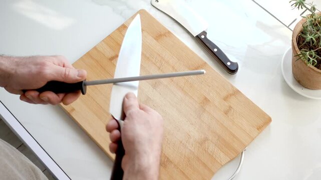 Sharpening a kitchen knife with a honing rod on wooden cutting board. Knife maintenance and culinary precision concept. Ideal for cooking and kitchen tool content. Clean, organized workspace. Daylight