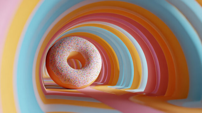 Delicious donut appears to float inside a rainbow-colored tunnel