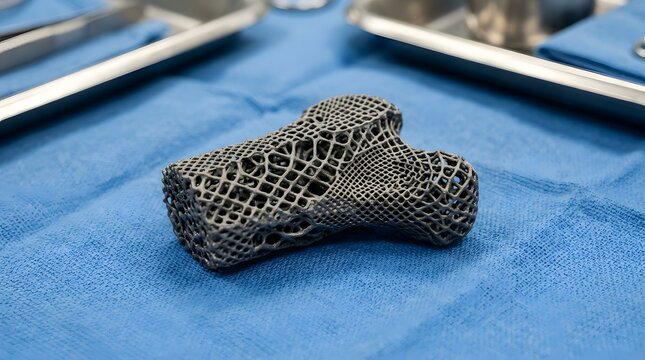 A specialized 3D-printed porous metal medical implant, demonstrating advanced engineering and innovative biocompatible design, is featured prominently.