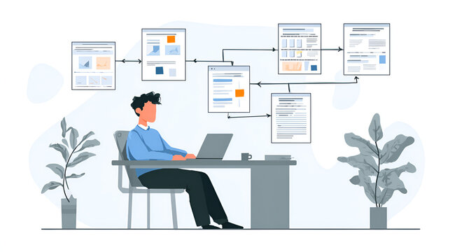 Business process, workflow automation with flowchart. Document management system framework, Enterprise content management, Working on laptop managing file data, workflow for business development