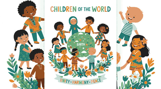 A colorful illustration of diverse children from around the world holding hands in unity and harmony with the Earth.