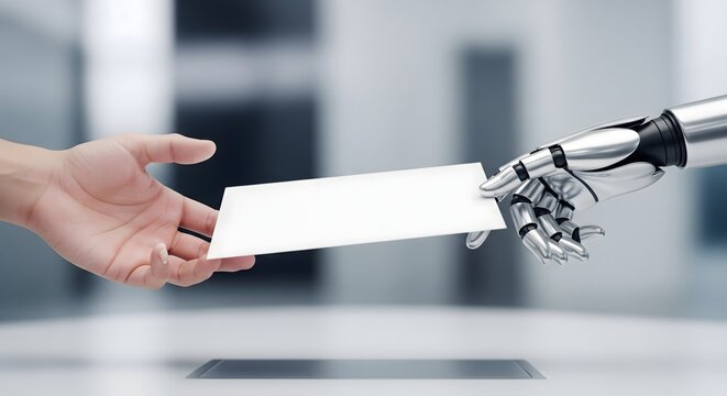 Close up of a human hand and a robotic hand holding a blank white card in a modern office setting.