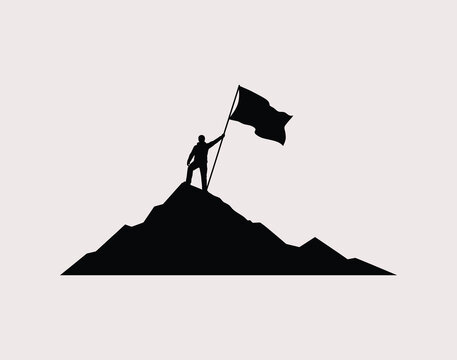A black silhouette of a triumphant climber standing on a mountain peak holding a waving flag