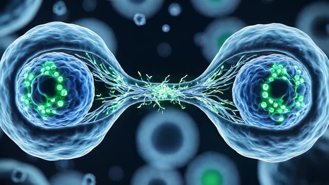 Microscopic cellular division in eukaryotic cells, showing nucleus and chromosomes during mitosis, a pulsating biological process, symbolizing growth