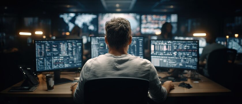 Man working on multiple computer monitors in a dark, high-tech surveillance or data analysis control room