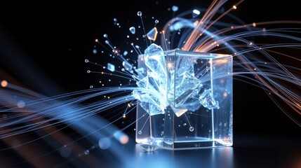 Fractured cube emits bright energy streams. Shattered glass fragments float amidst glowing particles, dark background enhances visual impact.