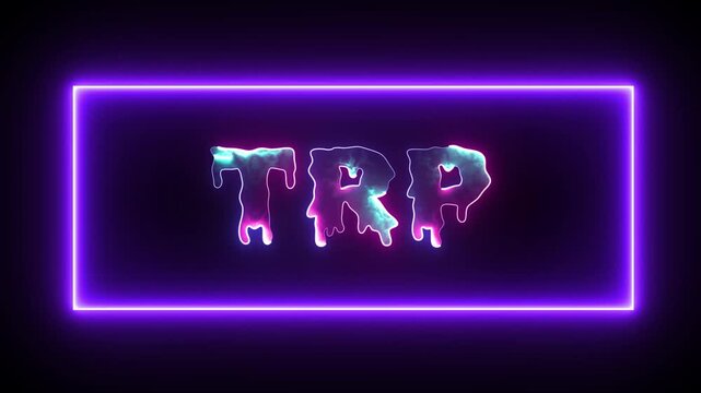 TRP text with neon glow and abstract colorful fill inside purple frame