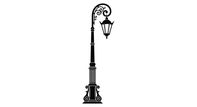 An elegant black silhouette of a vintage street lamp with ornate details standing tall against a white background silhouette high quality