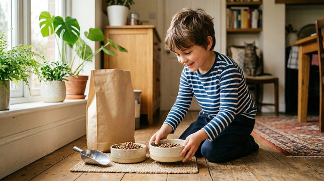 Young boy feeding pets with bowls and a bag of food in home  
