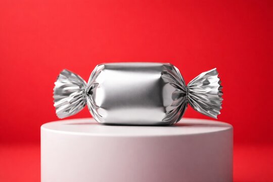Shiny candy wrapper on pedestal with bold red background