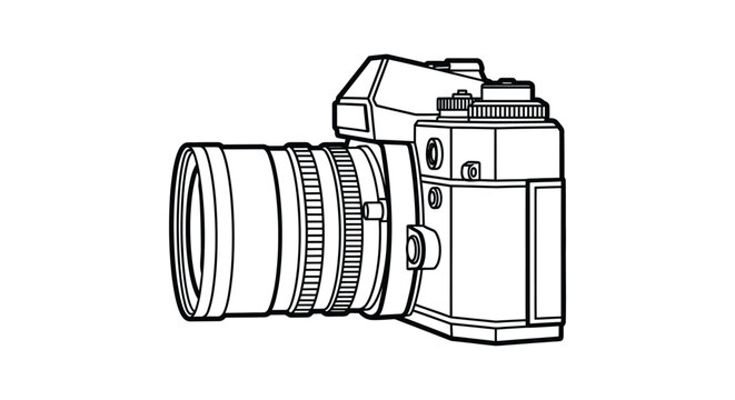 A detailed black and white line drawing depicts a classic slr camera showcasing its mechanical components silhouette high quality professional modern