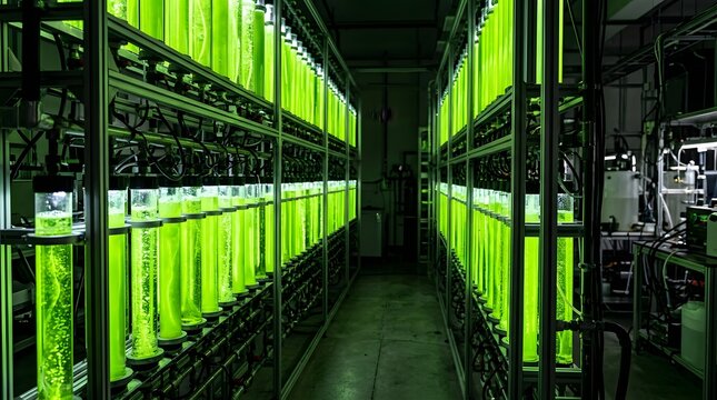 Rows of brightly lit photobioreactors glow vibrantly green, systematically cultivating microalgae within a cutting-edge biotechnology research and development facility.