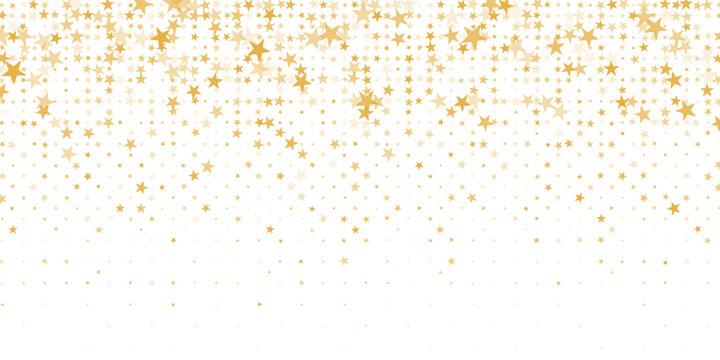 Golden star background with glittering confetti and falling stardust. magical yellow pattern for holidays. Flat vector illustration isolated