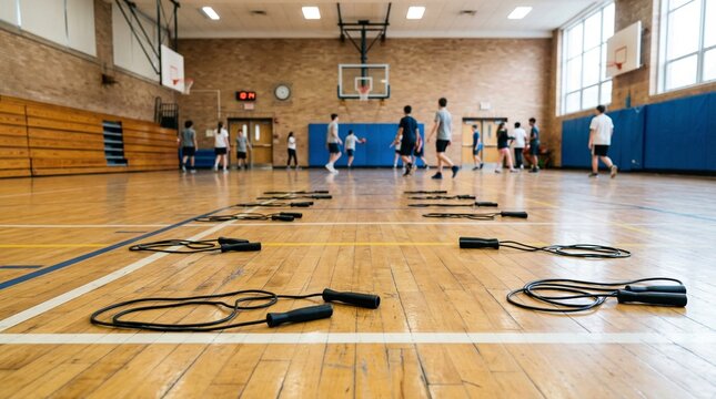 Students practicing basketball in gym with jump ropes on floor  