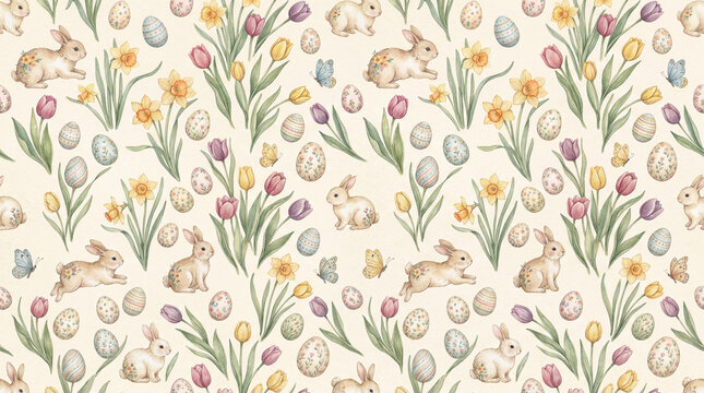 Easter seamless pattern with watercolor bunny egg and spring flower