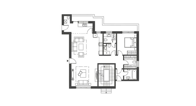 Architectural floor plan drawing of a modern house layout with furniture.