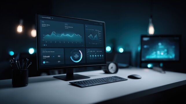 Modern computer workstation displaying financial data analytics dashboard with graphs and charts on a dark background