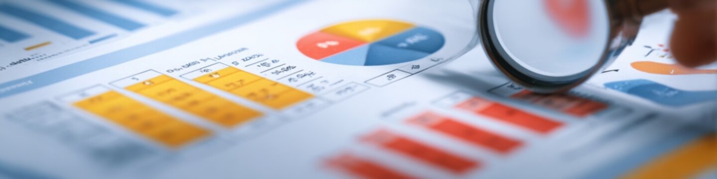 Close-up of Financial Charts and Graphs Under Magnifying Glass, Indicating Data Analysis and Business Growth