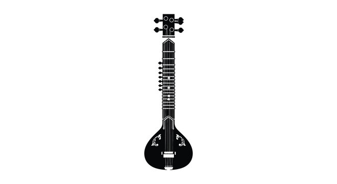 A striking black silhouette of a sitar a long necked plucked string instrument against a white background silhouette high quality professional detailed