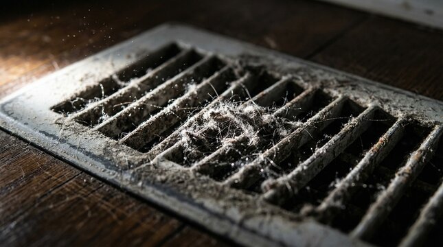 Dusty floor vent covering with cobwebs and debris in low light  