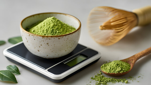 matcha powder measurement, matcha powder inside white chawan placed on digital precision scale with bamboo whisk and masuring spoon. green Tea Preparation Setup 