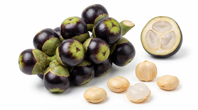 Palmyra palm fruit with cut half showing jelly seeds and pulp isolated on white background.