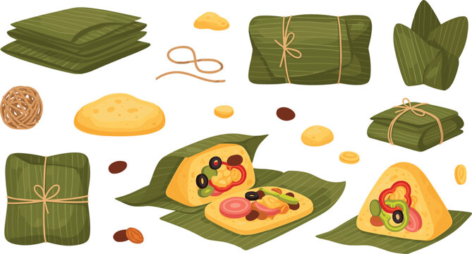 Traditional tamales preparation set with banana leaves, masa dough and wrapped tamale portions, Mexican and Latin American cuisine vector illustration collection