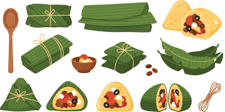 Traditional tamales wrapped in banana leaves with fillings and ingredients, Mexican and Latin American cuisine food vector illustration collection