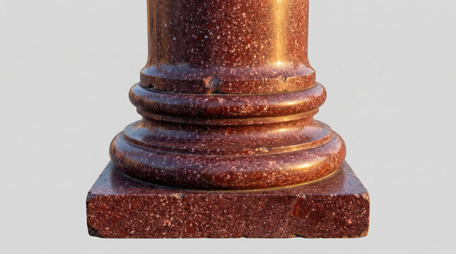 A deep red porphyry column base from ancient Rome with a polished smooth surface and intricate veining. real-estate listings.