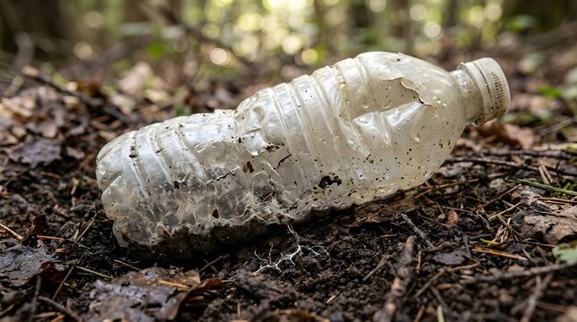 A discarded clear plastic bottle shows signs of damage and dirt while resting on the dark damp natural ground surface