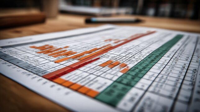 Close-up of a business report with colorful bar charts and data tables on a wooden desk