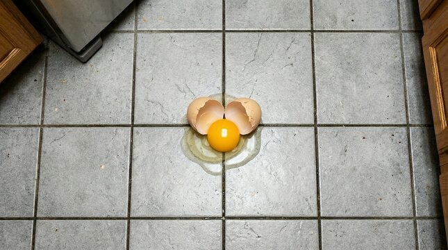 Broken egg on kitchen floor with shell and yellow yolk  