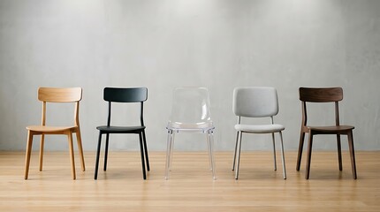 Obraz premium Assorted Modern Chairs in Minimalist Room with Wooden Floor and Gray Wall