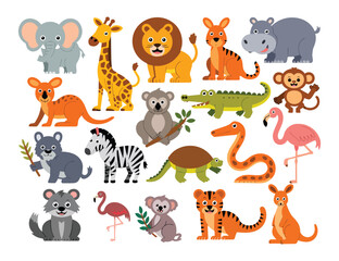 Obraz premium A cheerful group of cute cartoon safari animals including elephants, giraffes, lions, and hippos