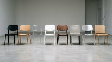 Fototapeta premium Array of Modern Colorful Chairs in Minimalist Room with Neutral Wall