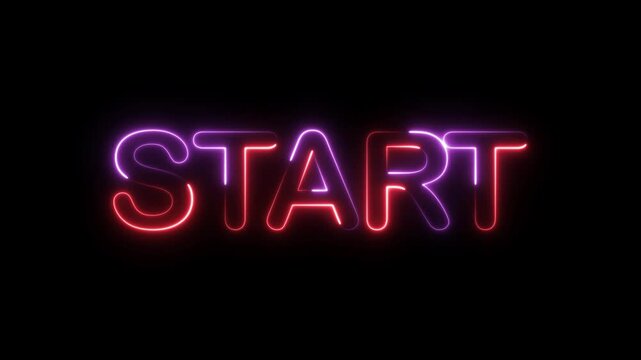 Neon start sign glowing with vibrant purple and red light animation on black background