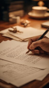 Close-up shot of a person's hand writing a letter with a fountain pen on vintage paper, evoking nostalgia and creativity