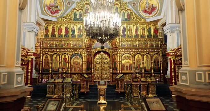 Orthodox Church Interior with Iconostasis Forward Camera Movement