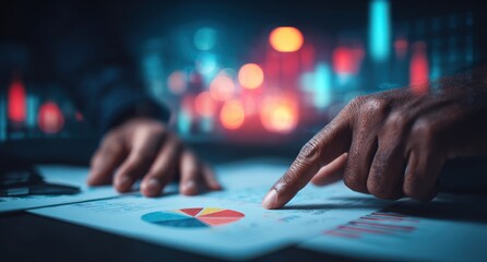 Fototapeta premium Close-up of a person analyzing financial charts and data with glowing city lights in the background
