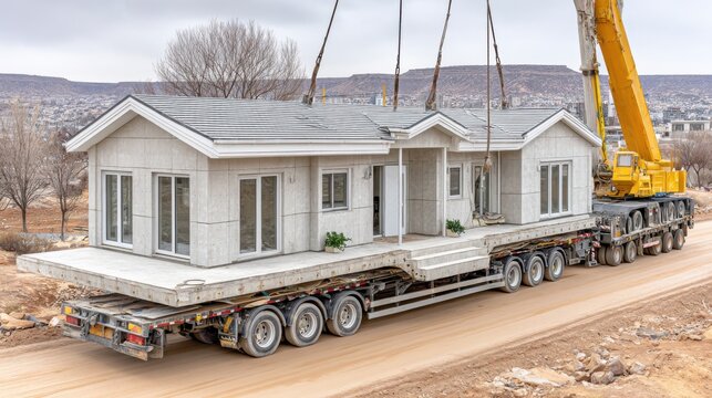 Modular home construction site with crane lifting prefabricated housing unit onto flatbed truck for transport