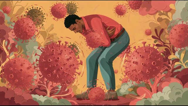 Animated illustration of a sick man with stomach pain surrounded by virus particles. Medical concept of viral infection and symptoms.