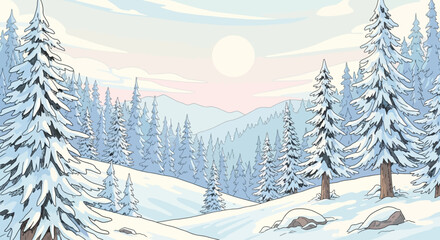 A serene winter forest landscape with snow-covered evergreen trees and mountains. © Putiagna