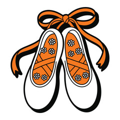 Ballet slippers with orange ribbons and floral decoration isolated on white © Esrat